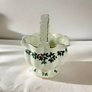 Madison & Max HOLLY COLLECTION Porcelain Basket with Holly Berries Gold Trim 8”